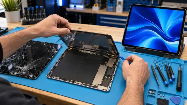 iPad screen replacement at Riano Group in Palm Coast: cracked glass, opened iPad and repaired screen – cambio de pantalla de iPad