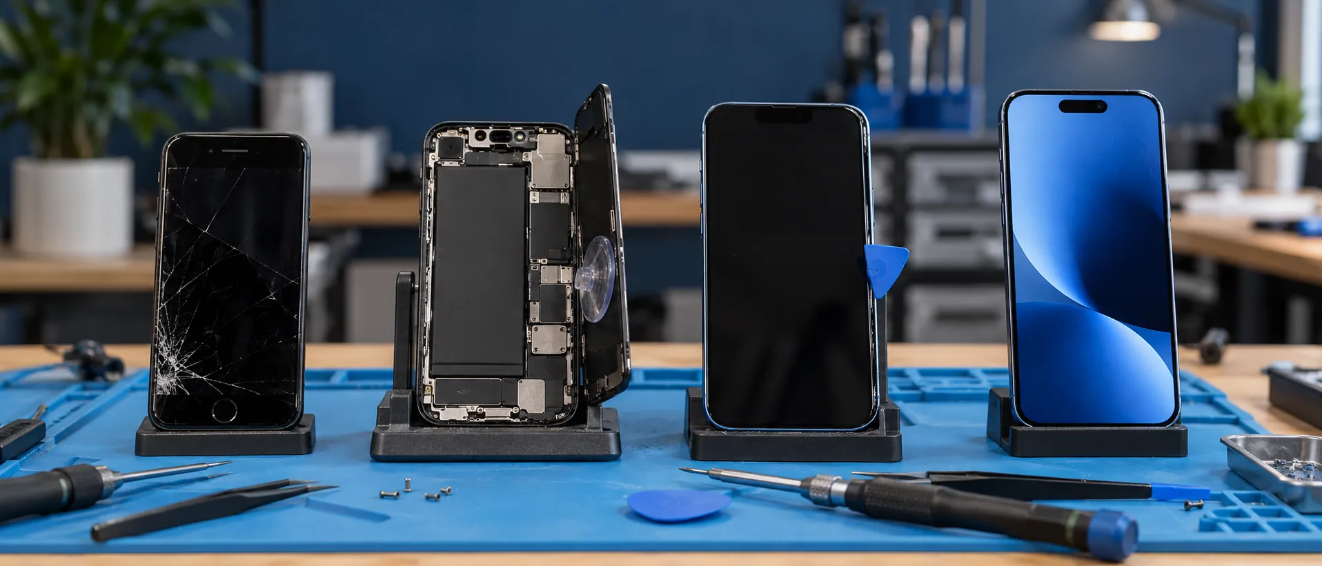 iPhone screen replacement step by step at Riano Group in Palm Coast: cracked screen, opened, new screen, like new – cambio de pantalla de iPhone