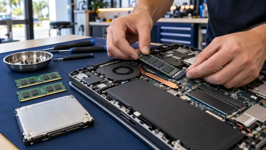Technician installing a new SSD and RAM memory in a laptop at Riano Group in Palm Coast – cambio a disco SSD y memoria RAM