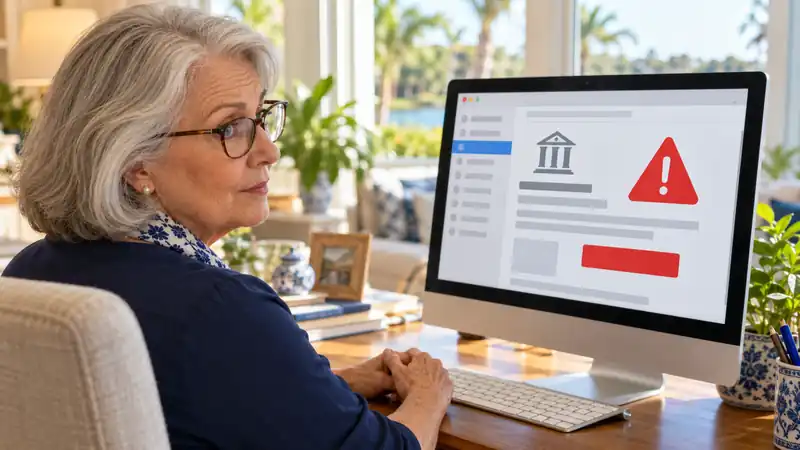 Senior woman looking carefully at a suspicious email on her computer