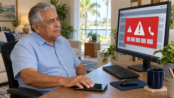Senior man refusing to call the phone number on a fake virus warning