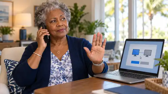 Senior woman saying no to a caller asking for remote access to her computer