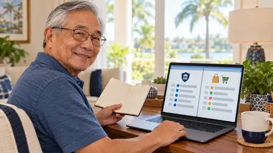 Senior man organizing two separate email accounts on his laptop