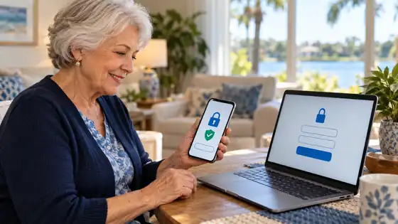 Senior using 2-step verification code on her phone to protect her Google account