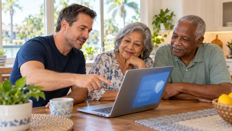 Friendly technician helping a senior couple with their laptop at home